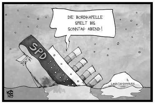 Cartoon: SPD (medium) by Kostas Koufogiorgos tagged karikatur,koufogiorgos,illustration,cartoon,spd,partei,sozialdemokraten,titanic,schiff,untergang,bordkapelle,eisberg,havarie,katastrophe,landtagswahl,wahl,karikatur,koufogiorgos,illustration,cartoon,spd,partei,sozialdemokraten,titanic,schiff,untergang,bordkapelle,eisberg,havarie,katastrophe,landtagswahl,wahl