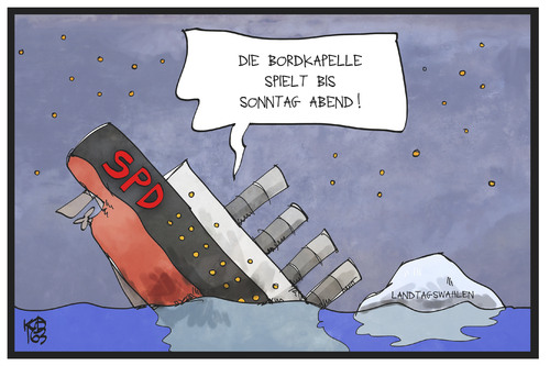 Cartoon: SPD (medium) by Kostas Koufogiorgos tagged karikatur,koufogiorgos,illustration,cartoon,spd,partei,sozialdemokraten,titanic,schiff,untergang,bordkapelle,eisberg,havarie,katastrophe,landtagswahl,wahl,karikatur,koufogiorgos,illustration,cartoon,spd,partei,sozialdemokraten,titanic,schiff,untergang,bordkapelle,eisberg,havarie,katastrophe,landtagswahl,wahl