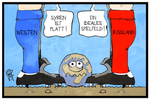 Cartoon: Spielfeld Syrien (medium) by Kostas Koufogiorgos tagged karikatur,koufogiorgos,illustration,cartoon,syrien,spielfeld,westen,russland,fussball,krieg,konflikt,welt,kugel,globus,spielball,austragungsort,karikatur,koufogiorgos,illustration,cartoon,syrien,spielfeld,westen,russland,fussball,krieg,konflikt,welt,kugel,globus,spielball,austragungsort