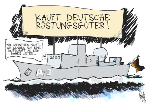 Cartoon: Spionageboot (medium) by Kostas Koufogiorgos tagged spionage,botschaft,rüstung,export,deutschland,syrien,krieg,karikatur,kostas,koufogiorgos