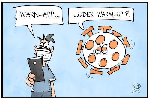 Cartoon: Start der Corona-App (medium) by Kostas Koufogiorgos tagged karikatur,illustration,cartoon,koufogiorgos,corona,app,virus,pandemie,smartphone,sicherheit,welle,krankheit,digital,handy,karikatur,illustration,cartoon,koufogiorgos,corona,app,virus,pandemie,smartphone,sicherheit,welle,krankheit,digital,handy