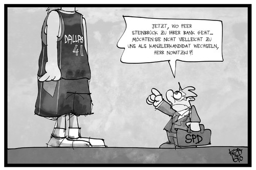 Cartoon: Steinbrück und Nowitzki (medium) by Kostas Koufogiorgos tagged karikatur,koufogiorgos,illustration,cartoon,steinbrueck,bank,ing,diba,nowitzki,dallas,mavericks,nba,basketball,spieler,star,kanzlerkandidat,spd,wechsel,sport,wirtschaft,karikatur,koufogiorgos,illustration,cartoon,steinbrueck,bank,ing,diba,nowitzki,dallas,mavericks,nba,basketball,spieler,star,kanzlerkandidat,spd,wechsel,sport,wirtschaft