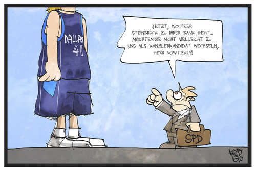 Cartoon: Steinbrück und Nowitzki (medium) by Kostas Koufogiorgos tagged karikatur,koufogiorgos,illustration,cartoon,steinbrueck,bank,ing,diba,nowitzki,dallas,mavericks,nba,basketball,spieler,star,kanzlerkandidat,spd,wechsel,sport,wirtschaft,karikatur,koufogiorgos,illustration,cartoon,steinbrueck,bank,ing,diba,nowitzki,dallas,mavericks,nba,basketball,spieler,star,kanzlerkandidat,spd,wechsel,sport,wirtschaft