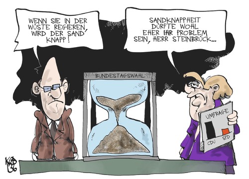 Cartoon: Steinbrück vs. Merkel (medium) by Kostas Koufogiorgos tagged steinbrück,merkel,rede,sanduhr,bundestagwahl,umfrage,karikatur,koufogiorgos,steinbrück,merkel,rede,sanduhr,bundestagwahl,umfrage,karikatur,koufogiorgos