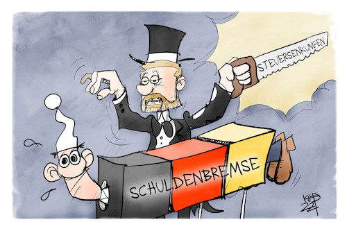 Cartoon: Steuersenkungen (medium) by Kostas Koufogiorgos tagged karikatur,koufogiorgos,illustration,cartoon,lindner,finanzminister,zauberer,trick,jungfrau,zersägen,schulden,steuersenkungen,illusion,karikatur,koufogiorgos,illustration,cartoon,lindner,finanzminister,zauberer,trick,jungfrau,zersägen,schulden,steuersenkungen,illusion