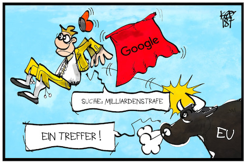 Cartoon: Strafe für Google (medium) by Kostas Koufogiorgos tagged karikatur,koufogiorgos,illustration,cartoon,google,strafe,vertragsstrafe,wettbewerb,wirtschaft,internet,unternehmen,fintech,torrero,stier,eu,europa,treffer,stierkampf,suchmaschine,karikatur,koufogiorgos,illustration,cartoon,google,strafe,vertragsstrafe,wettbewerb,wirtschaft,internet,unternehmen,fintech,torrero,stier,eu,europa,treffer,stierkampf,suchmaschine