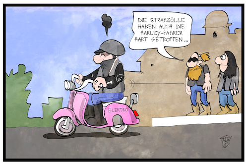 Cartoon: Strafzölle (medium) by Kostas Koufogiorgos tagged karikatur,koufogiorgos,illustration,cartoon,eu,strafzölle,harley,amerikanisch,usa,vespa,motoroller,rocker,hells,angels,motorrad,wirtschaft,karikatur,koufogiorgos,illustration,cartoon,eu,strafzölle,harley,amerikanisch,usa,vespa,motoroller,rocker,hells,angels,motorrad,wirtschaft