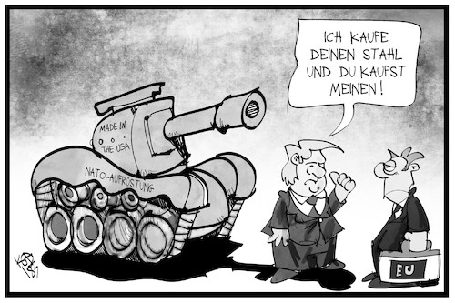 Cartoon: Strafzölle und Aufrüstung (medium) by Kostas Koufogiorgos tagged karikatur,koufogiorgos,illustration,cartoon,zoll,strafzoelle,eu,usa,rüstungsgüter,stahl,nato,panzer,trump,europa,handel,handelskrieg,wirtschaft,karikatur,koufogiorgos,illustration,cartoon,zoll,strafzoelle,eu,usa,rüstungsgüter,stahl,nato,panzer,trump,europa,handel,handelskrieg,wirtschaft