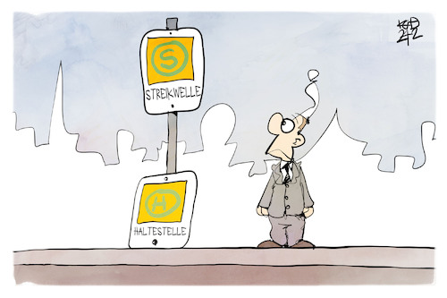 Cartoon: Streikwelle (medium) by Kostas Koufogiorgos tagged karikatur,koufogiorgos,streikwelle,haltestelle,öpnv,verdi,michel,karikatur,koufogiorgos,streikwelle,haltestelle,öpnv,verdi,michel