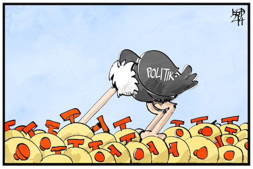 Cartoon: Symbolbild Corona-Politik (medium) by Kostas Koufogiorgos tagged karikatur,koufogiorgos,illustration,cartoon,strauss,kopf,sand,corona,viren,pandemie,politik,karikatur,koufogiorgos,illustration,cartoon,strauss,kopf,sand,corona,viren,pandemie,politik