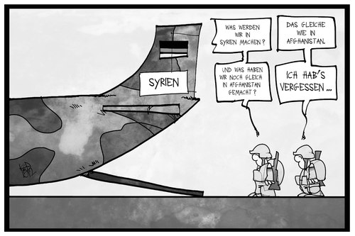 Cartoon: Syrien-Einsatz (medium) by Kostas Koufogiorgos tagged karikatur,koufogiorgos,illustration,cartoon,syrien,bundeswehr,afghanistan,transall,flugzeug,einsatz,krieg,konflikt,karikatur,koufogiorgos,illustration,cartoon,syrien,bundeswehr,afghanistan,transall,flugzeug,einsatz,krieg,konflikt