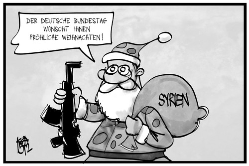 Cartoon: Syrien-Einsatz (medium) by Kostas Koufogiorgos tagged karikatur,koufogiorgos,illustration,cartoon,weihnachtsmann,weihnachten,syrien,einsatz,krieg,gewehr,bundestag,politik,karikatur,koufogiorgos,illustration,cartoon,weihnachtsmann,weihnachten,syrien,einsatz,krieg,gewehr,bundestag,politik