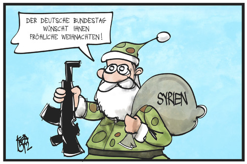 Cartoon: Syrien-Einsatz (medium) by Kostas Koufogiorgos tagged karikatur,koufogiorgos,illustration,cartoon,weihnachtsmann,weihnachten,syrien,einsatz,krieg,gewehr,bundestag,politik,karikatur,koufogiorgos,illustration,cartoon,weihnachtsmann,weihnachten,syrien,einsatz,krieg,gewehr,bundestag,politik