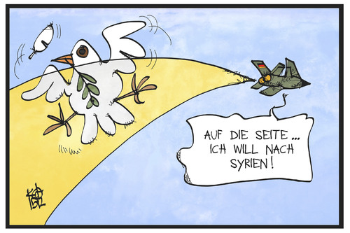 Cartoon: Syrien-Einsatz (medium) by Kostas Koufogiorgos tagged karikatur,koufogiorgos,illustration,cartoon,syrien,krieg,konflikt,bundeswehr,einsatz,friedenstaube,politik,karikatur,koufogiorgos,illustration,cartoon,syrien,krieg,konflikt,bundeswehr,einsatz,friedenstaube,politik