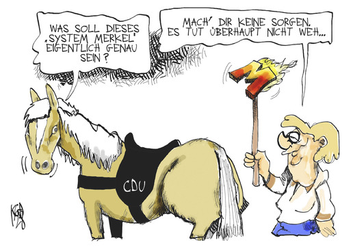 Cartoon: System Merkel (medium) by Kostas Koufogiorgos tagged merkel,pferd,cdu,brand,marke,system,partei,vorsitzende,karikatur,kostas,koufogiorgos
