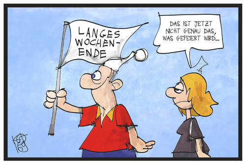 Cartoon: Tag des langen Wochenendes (medium) by Kostas Koufogiorgos tagged karikatur,koufogiorgos,illustration,cartoon,wochenende,tag,deutsche,einheit,deutschland,michel,fahne,flagge,feiertag,karikatur,koufogiorgos,illustration,cartoon,wochenende,tag,deutsche,einheit,deutschland,michel,fahne,flagge,feiertag