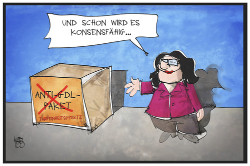 Cartoon: Tarifeinheitsgesetz (medium) by Kostas Koufogiorgos tagged karikatur,koufogiorgos,illustration,cartoon,tarifeinheitsgesetz,gdl,paket,gewerkschaft,streikrecht,arbeitnehmer,gesetz,grundrecht,nahles,arbeitsministerin,politik,karikatur,koufogiorgos,illustration,cartoon,tarifeinheitsgesetz,gdl,paket,gewerkschaft,streikrecht,arbeitnehmer,gesetz,grundrecht,nahles,arbeitsministerin,politik