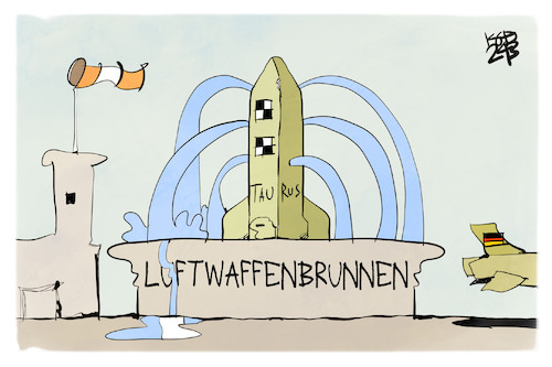 Cartoon: Taurus-Leaks (medium) by Kostas Koufogiorgos tagged karikatur,koufogiorgos,taurus,luftwaffe,leaks,brunnen,wasser,bundeswehr,karikatur,koufogiorgos,taurus,luftwaffe,leaks,brunnen,wasser,bundeswehr