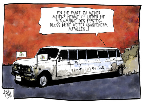 Cartoon: Tebartz-van Elst (medium) by Kostas Koufogiorgos tagged tebartz,van,elst,papst,franziskus,bischof,limburg,renault,limousine,audienz,karikatur,koufogiorgos,tebartz,van,elst,papst,franziskus,bischof,limburg,renault,limousine,audienz,karikatur,koufogiorgos