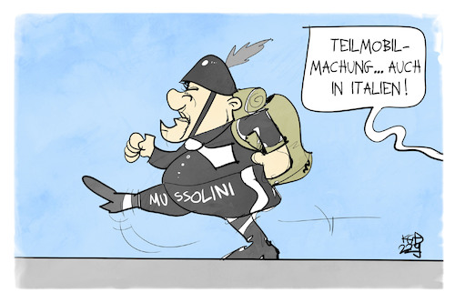 Cartoon: Teilmobilmachung in Italien (medium) by Kostas Koufogiorgos tagged karikatur,koufogiorgos,italien,mussolini,teilmobilmachung,marschieren,militär,rechtsextremismus,faschismus,karikatur,koufogiorgos,italien,mussolini,teilmobilmachung,marschieren,militär,rechtsextremismus,faschismus