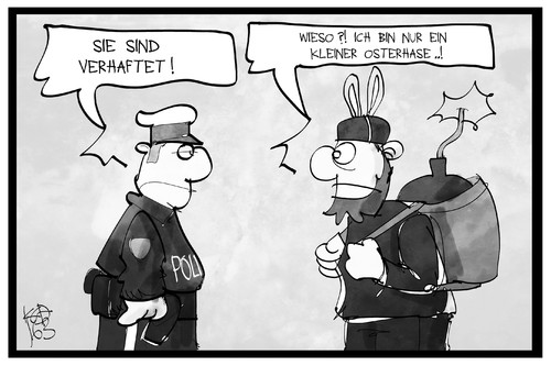 Cartoon: Terrorismus (medium) by Kostas Koufogiorgos tagged karikatur,koufogiorgos,illustration,cartoon,terrorismus,polizei,polizist,terrorist,osterhase,ostern,bombe,festnahme,is,politik,karikatur,koufogiorgos,illustration,cartoon,terrorismus,polizei,polizist,terrorist,osterhase,ostern,bombe,festnahme,is,politik