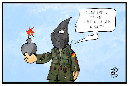 Cartoon: Terrorismus (medium) by Kostas Koufogiorgos tagged karikatur,koufogiorgos,illustration,cartoon,bundeswehr,soldat,islamist,terrosist,rechtsextremist,uniform,bombe,skandal,karikatur,koufogiorgos,illustration,cartoon,bundeswehr,soldat,islamist,terrosist,rechtsextremist,uniform,bombe,skandal