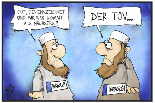 Cartoon: Terroristen-Kennzeichnung (medium) by Kostas Koufogiorgos tagged karikatur,koufogiorgos,illustration,cartoon,terrorismus,salafist,terrorist,kennzeichnung,tüv,politik,prävention,karikatur,koufogiorgos,illustration,cartoon,terrorismus,salafist,terrorist,kennzeichnung,tüv,politik,prävention