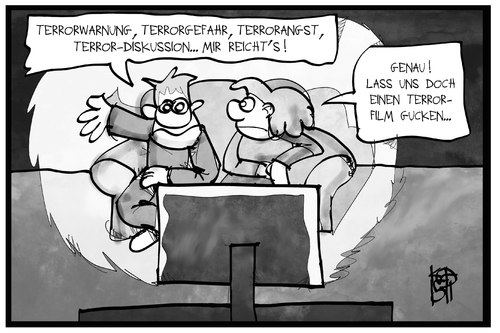 Cartoon: Terrrorfilm (medium) by Kostas Koufogiorgos tagged karikatur,koufogiorgos,illustration,cartoon,terror,terrorismus,film,fernsehen,medien,angst,karikatur,koufogiorgos,illustration,cartoon,terror,terrorismus,film,fernsehen,medien,angst