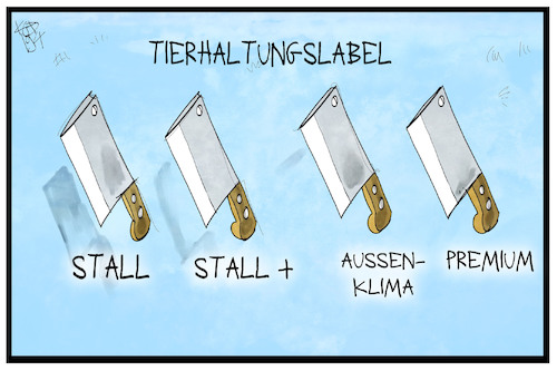 Cartoon: Tierhaltungslabel (medium) by Kostas Koufogiorgos tagged karikatur,koufogiorgos,illustration,cartoon,tierhaltung,label,tierschutz,tierleid,tierwohl,schlachter,metzger,einzelhandel,lebensmittel,messer,beil,verbraucherschutz,karikatur,koufogiorgos,illustration,cartoon,tierhaltung,label,tierschutz,tierleid,tierwohl,schlachter,metzger,einzelhandel,lebensmittel,messer,beil,verbraucherschutz