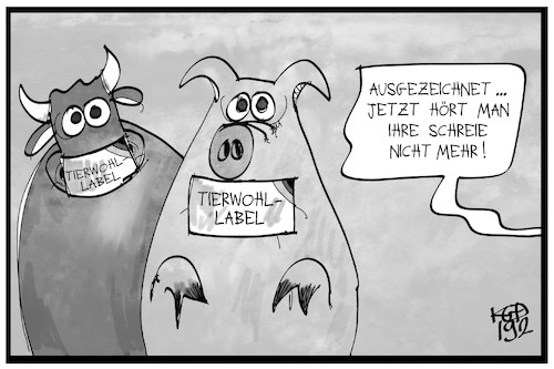 Cartoon: Tierwohllabel (medium) by Kostas Koufogiorgos tagged karikatur,koufogiorgos,illustration,cartoon,tierwohl,fleisch,mast,tierquälerei,schwein,kuh,rind,landwirtschaft,ernährung,schlachten,karikatur,koufogiorgos,illustration,cartoon,tierwohl,fleisch,mast,tierquälerei,schwein,kuh,rind,landwirtschaft,ernährung,schlachten