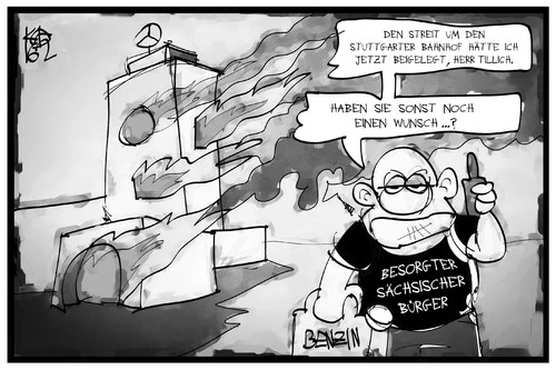 Cartoon: Tillich und S21 (medium) by Kostas Koufogiorgos tagged karikatur,koufogiorgos,illustration,cartoon,s21,tillich,stuttgart,neonazi,rechtsextremismus,sachsen,feuer,brandanschlag,bahnhof,streit,demonstration,demonstrant,karikatur,koufogiorgos,illustration,cartoon,s21,tillich,stuttgart,neonazi,rechtsextremismus,sachsen,feuer,brandanschlag,bahnhof,streit,demonstration,demonstrant