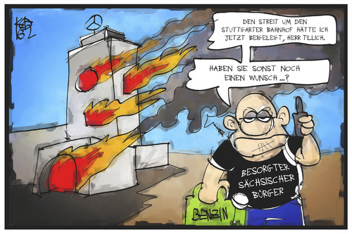 Cartoon: Tillich und S21 (medium) by Kostas Koufogiorgos tagged karikatur,koufogiorgos,illustration,cartoon,s21,tillich,stuttgart,neonazi,rechtsextremismus,sachsen,feuer,brandanschlag,bahnhof,streit,demonstration,demonstrant,karikatur,koufogiorgos,illustration,cartoon,s21,tillich,stuttgart,neonazi,rechtsextremismus,sachsen,feuer,brandanschlag,bahnhof,streit,demonstration,demonstrant