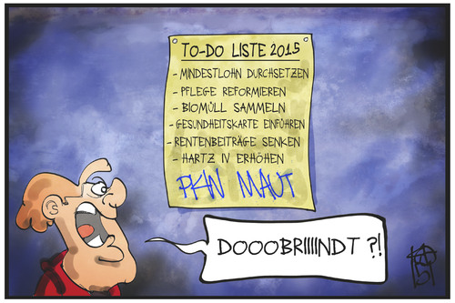 Cartoon: To-do-Liste 2015 (medium) by Kostas Koufogiorgos tagged karikatur,koufogiorgos,illustration,cartoon,2015,to,do,erledigen,liste,merkel,dobrindt,regierung,cdu,csu,maut,politik,karikatur,koufogiorgos,illustration,cartoon,2015,to,do,erledigen,liste,merkel,dobrindt,regierung,cdu,csu,maut,politik