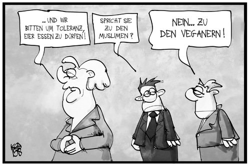 Cartoon: Toleranz (medium) by Kostas Koufogiorgos tagged karikatur,koufogiorgos,illustration,cartoon,merkel,botschaft,schweinefleisch,eier,veganer,migranten,muslime,toleranz,essgewohnheit,kultur,tradition,bundeskanzlerin,karikatur,koufogiorgos,illustration,cartoon,merkel,botschaft,schweinefleisch,eier,veganer,migranten,muslime,toleranz,essgewohnheit,kultur,tradition,bundeskanzlerin