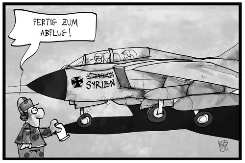 Cartoon: Tornados nach Syrien (medium) by Kostas Koufogiorgos tagged karikatur,koufogiorgos,illustration,cartoon,tornado,kampfjet,bundeswehr,syrien,afghanistan,einsatz,militär,krieg,konflikt,karikatur,koufogiorgos,illustration,cartoon,tornado,kampfjet,bundeswehr,syrien,afghanistan,einsatz,militär,krieg,konflikt