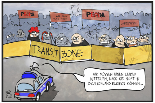 Cartoon: Transitzone (medium) by Kostas Koufogiorgos tagged karikatur,koufogiorgos,illustration,cartoon,transitzone,pegida,ausweisung,abschiebung,deutschland,polizei,asyl,politik,demonstration,rechtsradikal,rechtspopulismus,karikatur,koufogiorgos,illustration,cartoon,transitzone,pegida,ausweisung,abschiebung,deutschland,polizei,asyl,politik,demonstration,rechtsradikal,rechtspopulismus