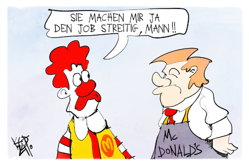 Cartoon: Trump bei McDonalds (medium) by Kostas Koufogiorgos tagged karikatur,koufogiorgos,trump,clown,maskottchen,usa,wahlkampf,job,karikatur,koufogiorgos,trump,clown,maskottchen,usa,wahlkampf,job