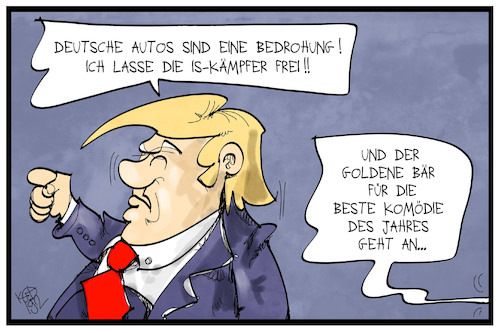 Cartoon: Trump droht (medium) by Kostas Koufogiorgos tagged karikatur,koufogiorgos,illustration,cartoon,trump,drohung,auto,strafzoll,is,kämpfer,karikatur,koufogiorgos,illustration,cartoon,trump,drohung,auto,strafzoll,is,kämpfer