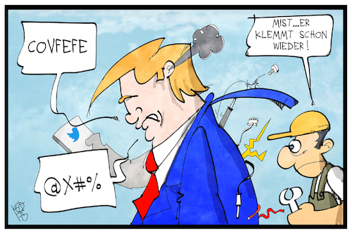 Cartoon: Trump klemmt (medium) by Kostas Koufogiorgos tagged karikatur,koufogiorgos,illustration,cartoon,covfefe,trump,mechaniker,usa,präsident,reparatur,twitter,karikatur,koufogiorgos,illustration,cartoon,covfefe,trump,mechaniker,usa,präsident,reparatur,twitter