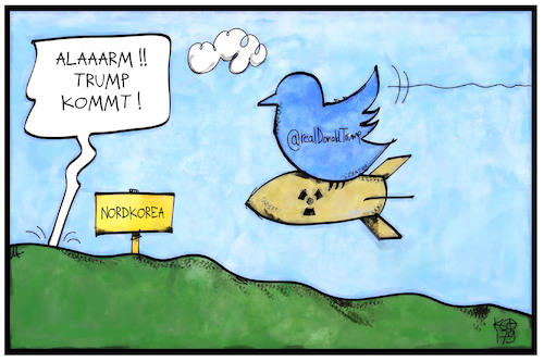 Cartoon: Trump twittert (medium) by Kostas Koufogiorgos tagged karikatur,koufogiorgos,illustration,cartoon,trump,twitter,vogel,nordkorea,bombe,konflikt,usa,soziale,medien,karikatur,koufogiorgos,illustration,cartoon,trump,twitter,vogel,nordkorea,bombe,konflikt,usa,soziale,medien