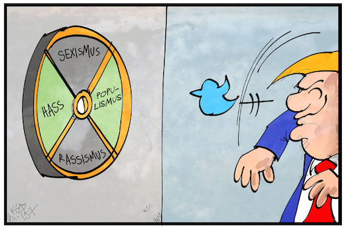 Cartoon: Trump twittert (medium) by Kostas Koufogiorgos tagged karikatur,koufogiorgos,illustration,cartoon,trump,twitter,ziel,zielscheibe,rassismus,sexismus,hass,hetze,usa,präsident,vogel,social,media,karikatur,koufogiorgos,illustration,cartoon,trump,twitter,ziel,zielscheibe,rassismus,sexismus,hass,hetze,usa,präsident,vogel,social,media