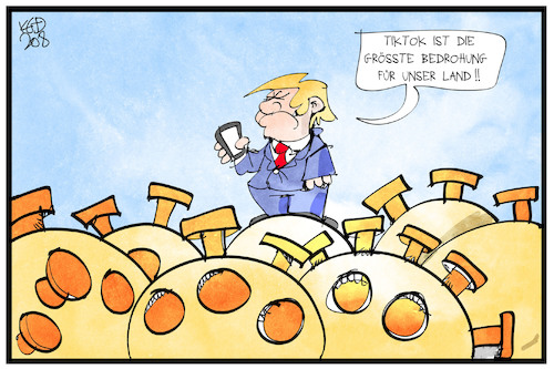 Cartoon: Trump vs. TikTok (medium) by Kostas Koufogiorgos tagged karikatur,koufogiorgos,illustration,cartoon,trump,tiktok,corona,problem,dekret,usa,präsident,karikatur,koufogiorgos,illustration,cartoon,trump,tiktok,corona,problem,dekret,usa,präsident