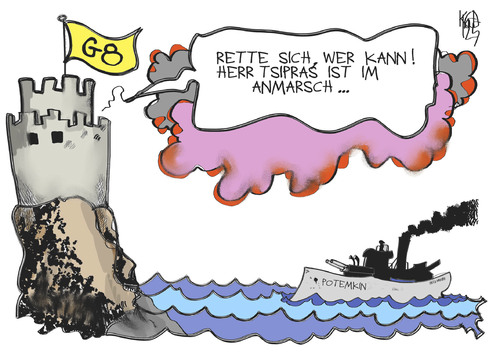 Cartoon: Tsipras auf der Potemkin (medium) by Kostas Koufogiorgos tagged tsipras,g8,potemkin,schiff,angriff,festung,gipfel,griechenland,euro,schulden,krise,europa,politik,karikatur,kostas,koufogiorgos,g8,potemkin,europa,krise,schulden,griechenland