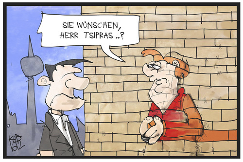 Cartoon: Tsipras in Berlin (medium) by Kostas Koufogiorgos tagged karikatur,koufogiorgos,illustration,cartoon,tsipras,merkel,mauer,bitte,verschuldung,besuch,bilateral,griechenland,berlin,karikatur,koufogiorgos,illustration,cartoon,tsipras,merkel,mauer,bitte,verschuldung,besuch,bilateral,griechenland,berlin