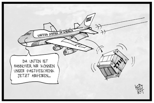 Cartoon: TTIP (medium) by Kostas Koufogiorgos tagged karikatur,koufogiorgos,illustration,cartoon,air,force,one,flugzeug,usa,obama,ttip,geschenk,gast,hannover,freihandelsabkommen,wirtschaft,karikatur,koufogiorgos,illustration,cartoon,air,force,one,flugzeug,usa,obama,ttip,geschenk,gast,hannover,freihandelsabkommen,wirtschaft