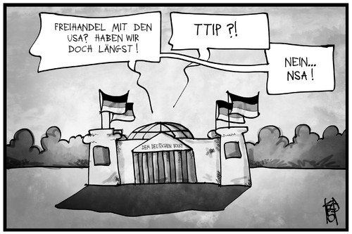 Cartoon: TTIP und  NSA (medium) by Kostas Koufogiorgos tagged karikatur,koufogiorgos,illustration,cartoon,ttip,nsa,usa,reichstag,bundestag,freihandelsabkommen,zusammenarbeit,kooperation,politik,wirtschaft,karikatur,koufogiorgos,illustration,cartoon,ttip,nsa,usa,reichstag,bundestag,freihandelsabkommen,zusammenarbeit,kooperation,politik,wirtschaft