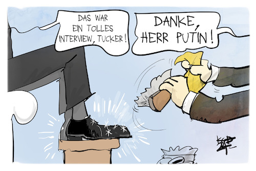 Cartoon: Tucker Carlson interviewt Putin (medium) by Kostas Koufogiorgos tagged karikatur,koufogiorgos,putin,carlson,interview,schuhe,diener,karikatur,koufogiorgos,putin,carlson,interview,schuhe,diener