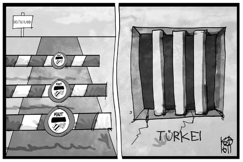 Cartoon: Türkei (medium) by Kostas Koufogiorgos tagged karikatur,koufogiorgos,illustration,cartoon,tuerkei,festnahme,gefängnis,gitter,deutschland,maut,schranke,einschränkung,karikatur,koufogiorgos,illustration,cartoon,tuerkei,festnahme,gefängnis,gitter,deutschland,maut,schranke,einschränkung