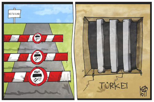 Cartoon: Türkei (medium) by Kostas Koufogiorgos tagged karikatur,koufogiorgos,illustration,cartoon,tuerkei,festnahme,gefängnis,gitter,deutschland,maut,schranke,einschränkung,karikatur,koufogiorgos,illustration,cartoon,tuerkei,festnahme,gefängnis,gitter,deutschland,maut,schranke,einschränkung