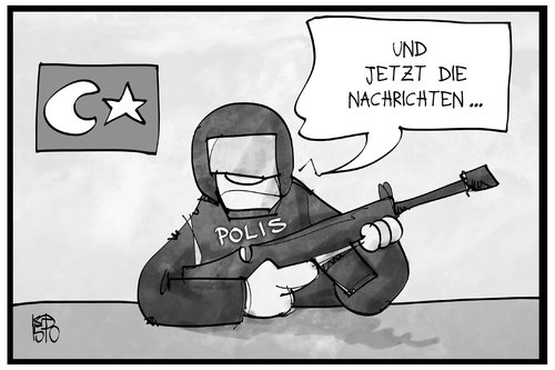 Cartoon: Türkische Nachrichten (medium) by Kostas Koufogiorgos tagged karikatur,koufogiorgos,illustration,cartoon,türkei,polis,polizei,pressefreiheit,medien,tagesschau,nachrichten,nachrichtensprecher,demokratie,fernsehsender,tv,karikatur,koufogiorgos,illustration,cartoon,türkei,polis,polizei,pressefreiheit,medien,tagesschau,nachrichten,nachrichtensprecher,demokratie,fernsehsender,tv